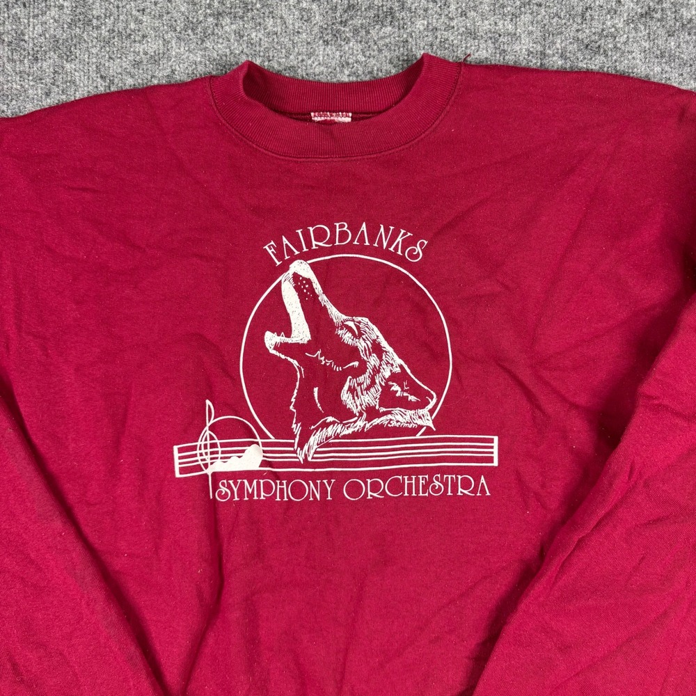 Vintage Sweatshirt Mens Size XL Burgundy Fairbanks Symphony Orchestra Wolf Flaw